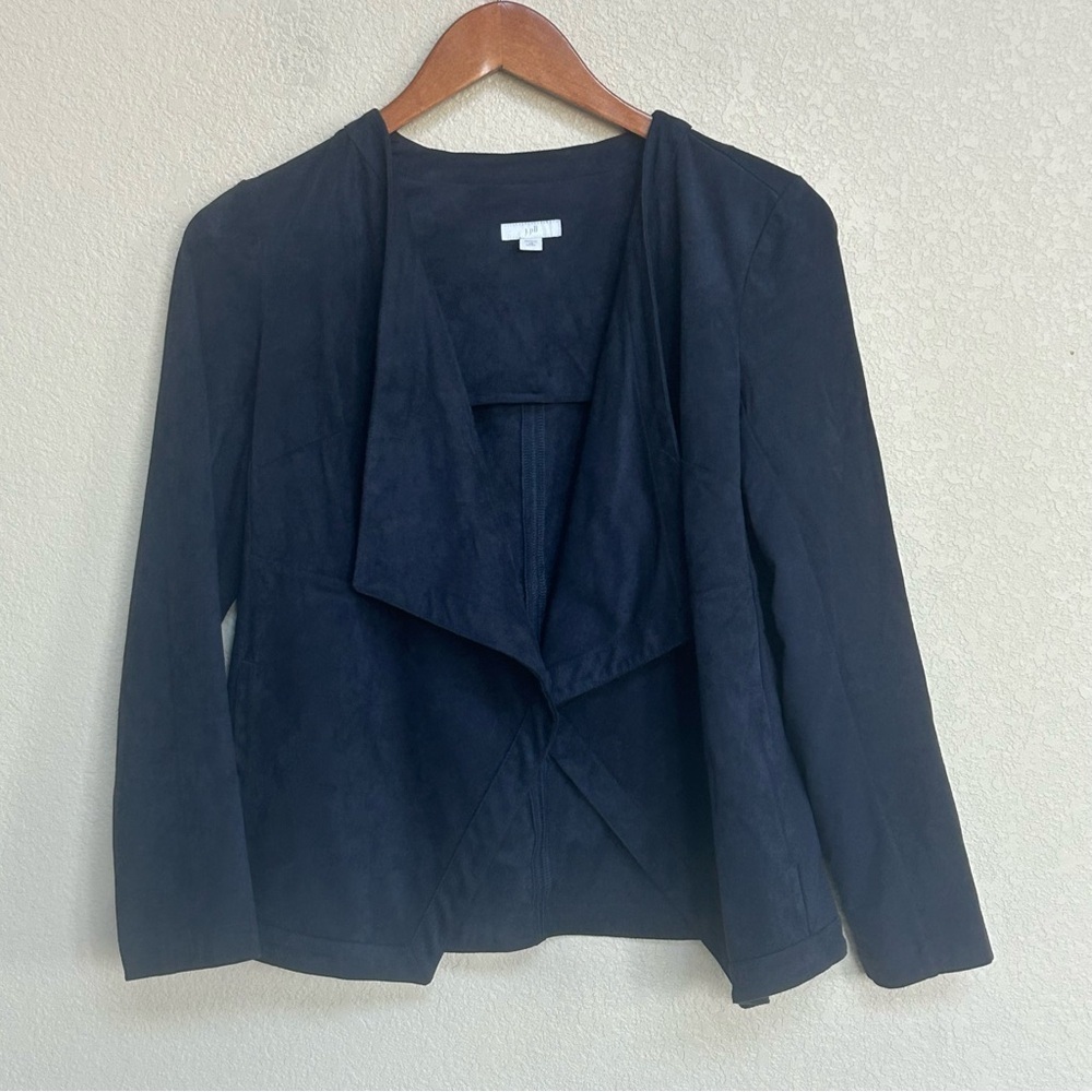 J.Jill Women’s Navy Faux Suede Open Front Draped Jacket Size XS Lightweight